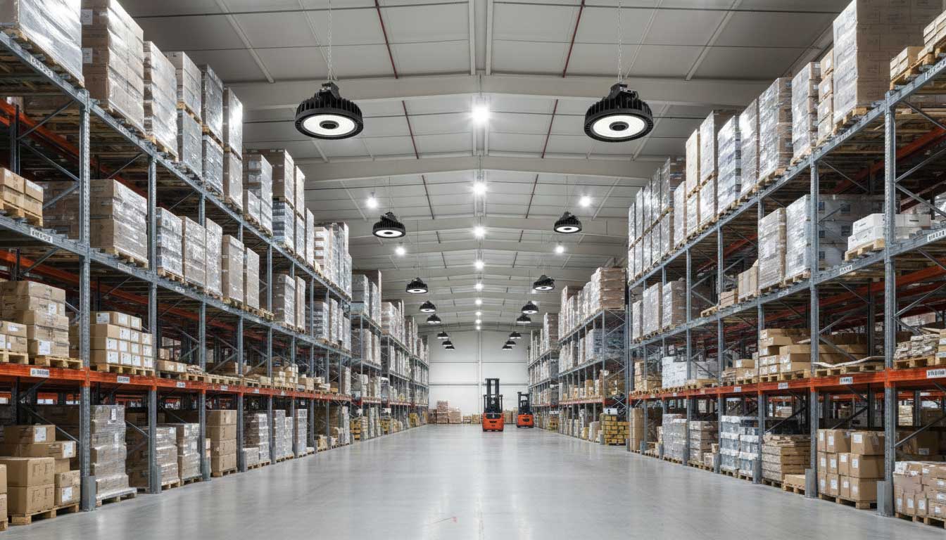High bay LED lights 30000 lumens installed in a large warehouse using SEEKING HBK Series
