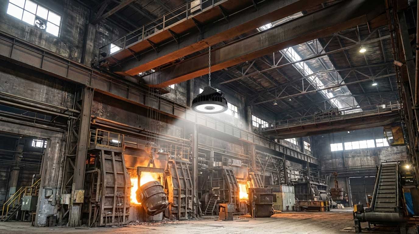High bay LED light fixtures installed in a smelting hall environment