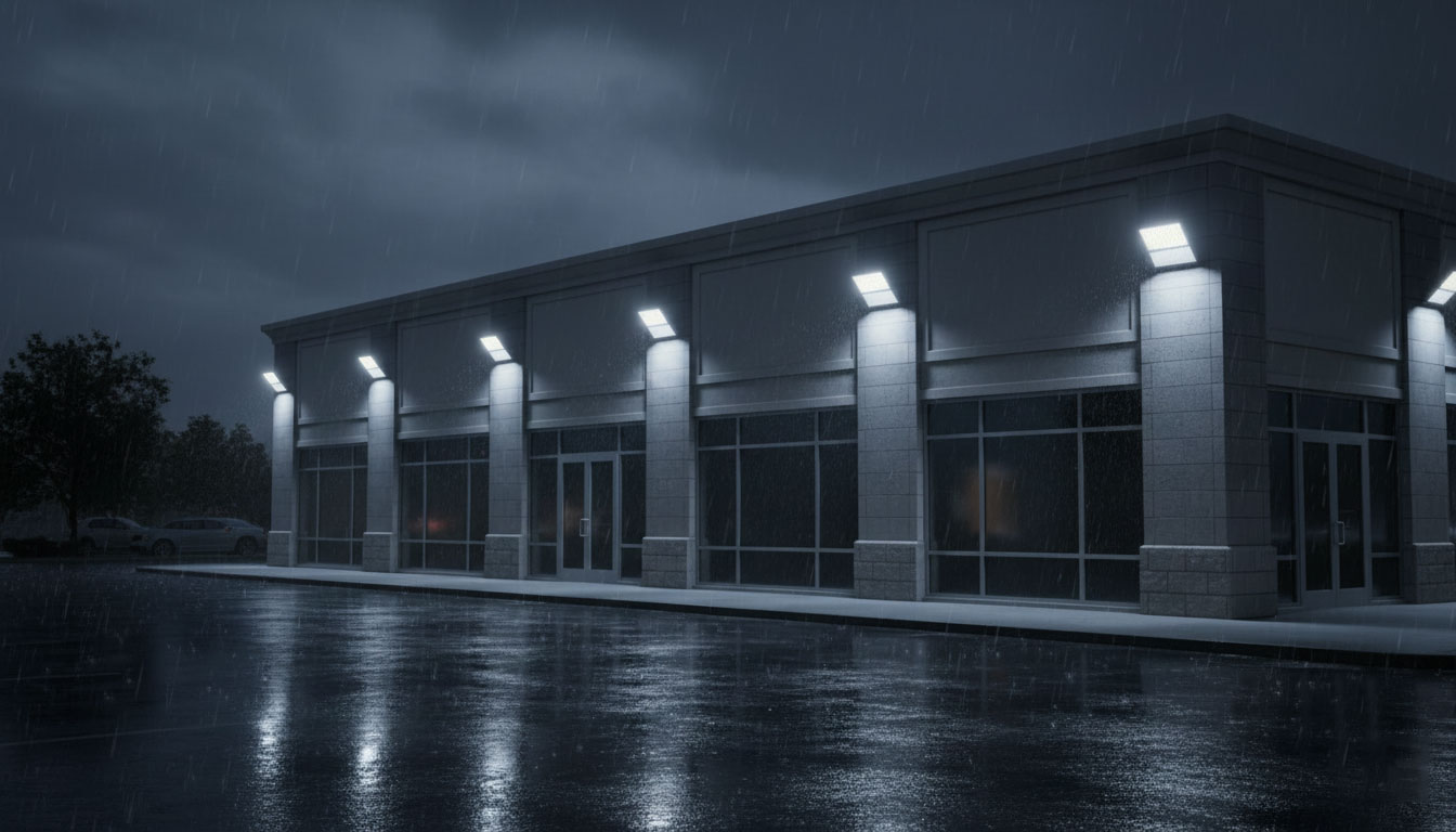SEEKING waterproof LED flood lights installed in an outdoor commercial area