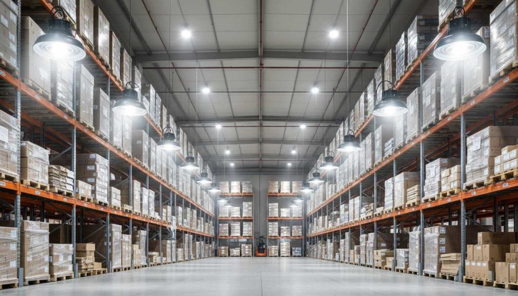 Industrial LED high bay lighting installed in a warehouse using SEEKING HBI Series