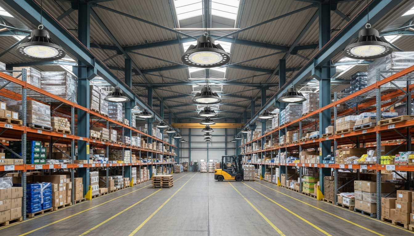 LED industrial high bay lights installed in a warehouse