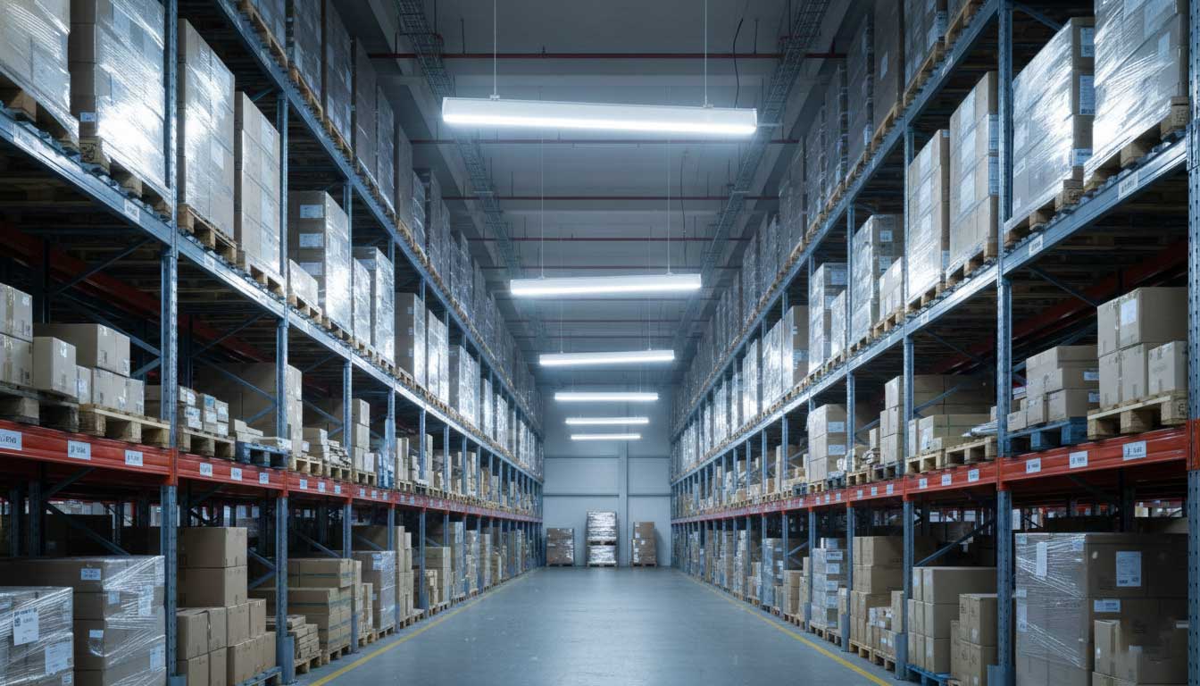 Linear LED high bay light illuminating warehouse shelving aisles