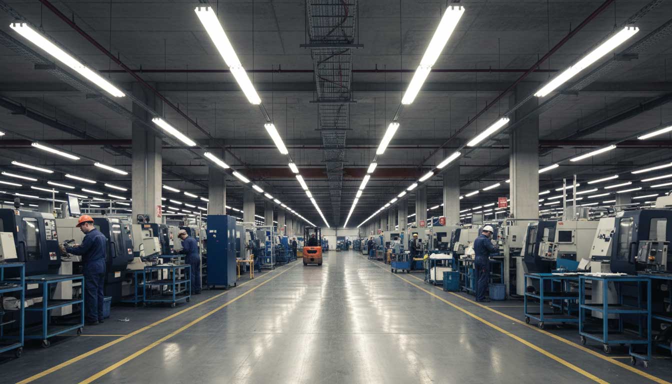 Linear LED high bay light installed in an industrial production corridor
