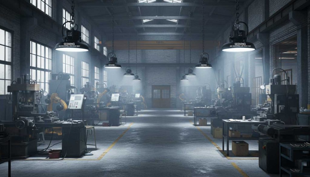 High bay LED lighting illuminating an industrial production floor