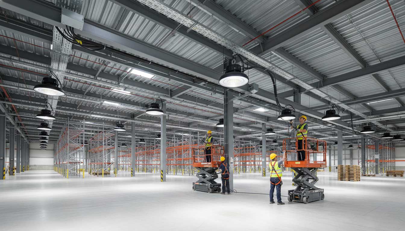 Wiring LED high bay lights with SOSEN driver in a warehouse ceiling