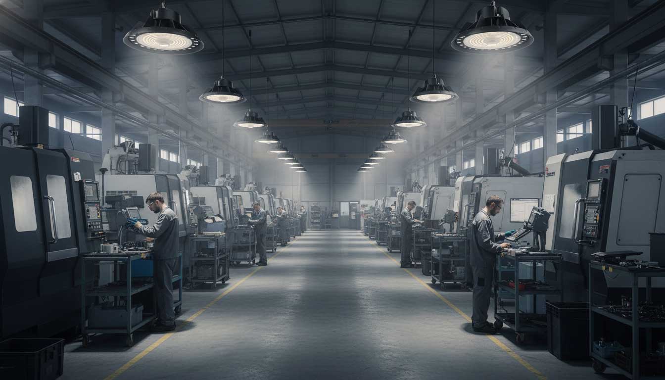 Industrial LED high bay lights in production workshop