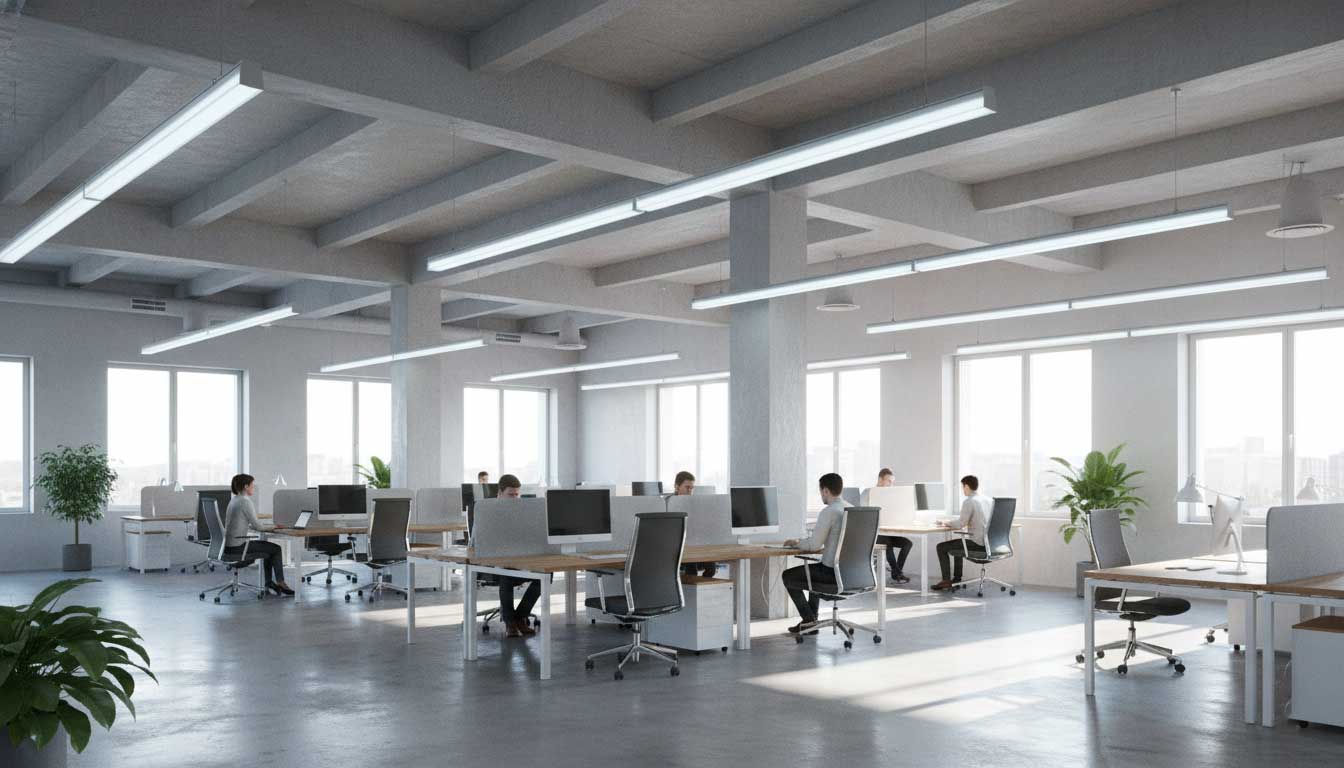 Modular linear LED lights installed in a warehouse ceiling