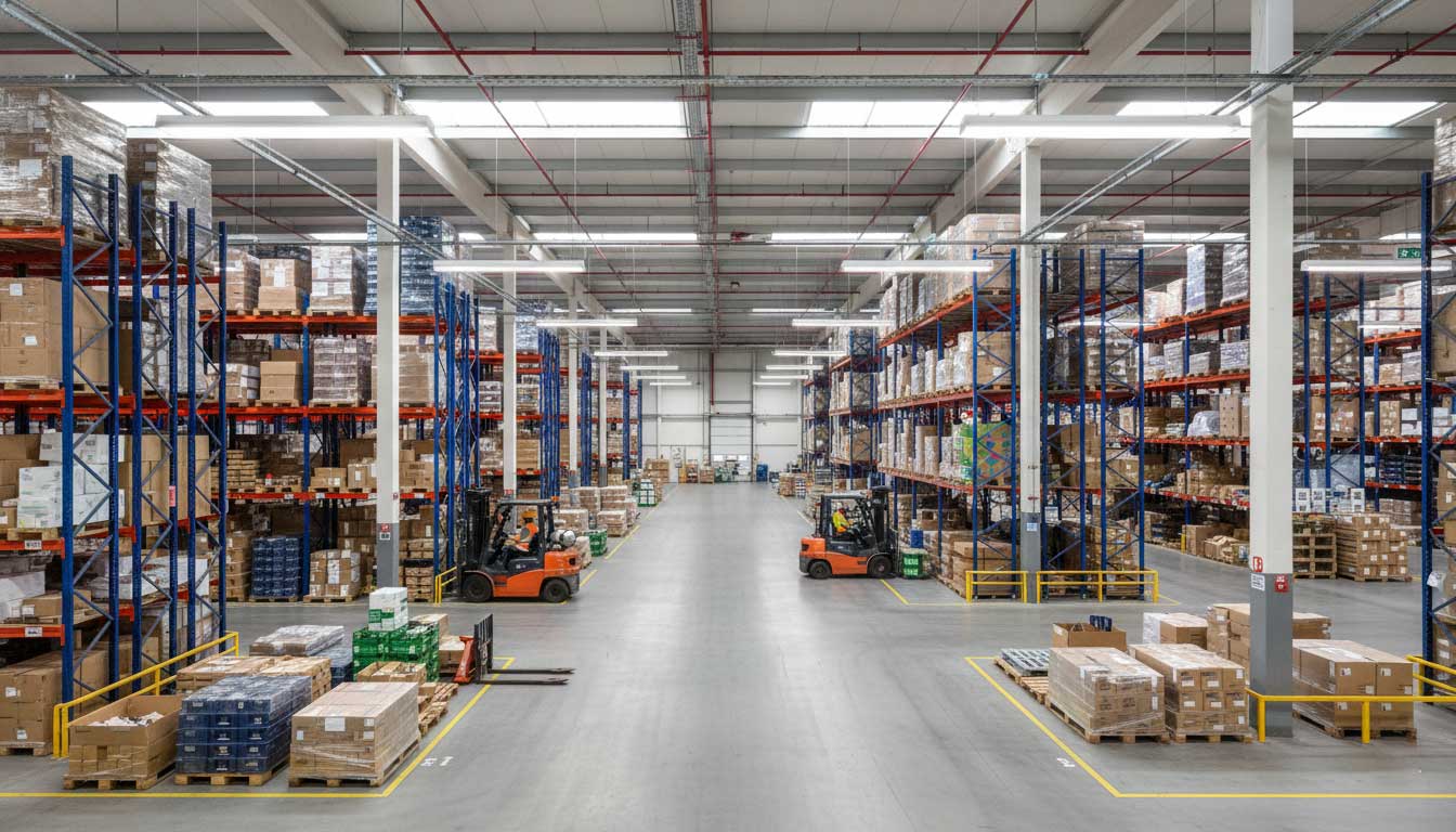 Linear LED high bay lights installed in a logistics warehouse