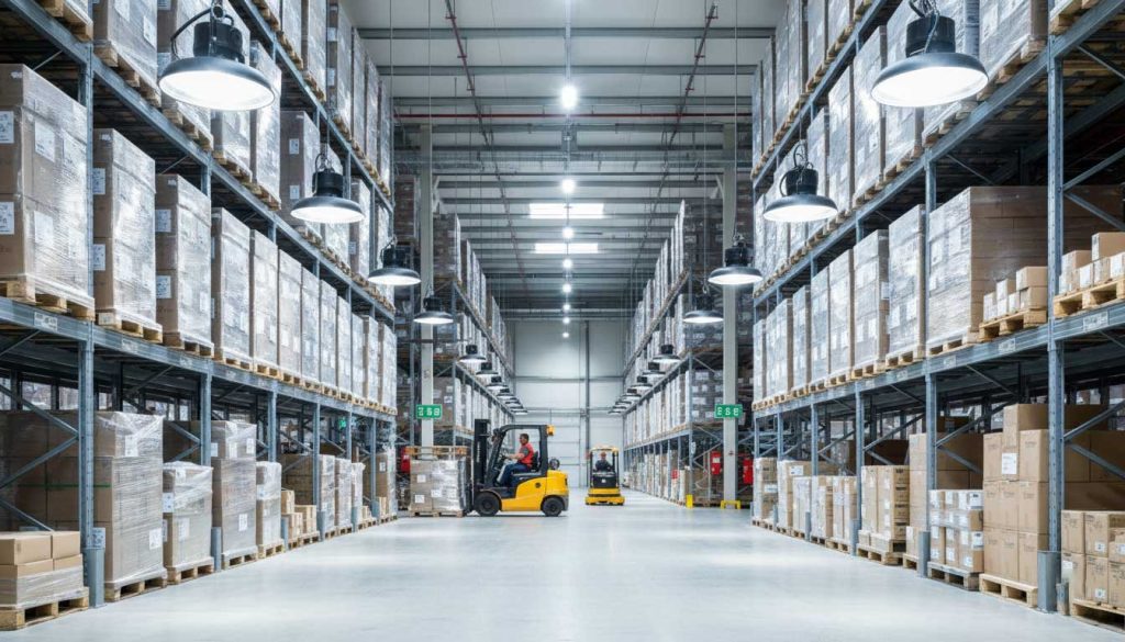 LED high bay lighting with motion control in logistics aisles