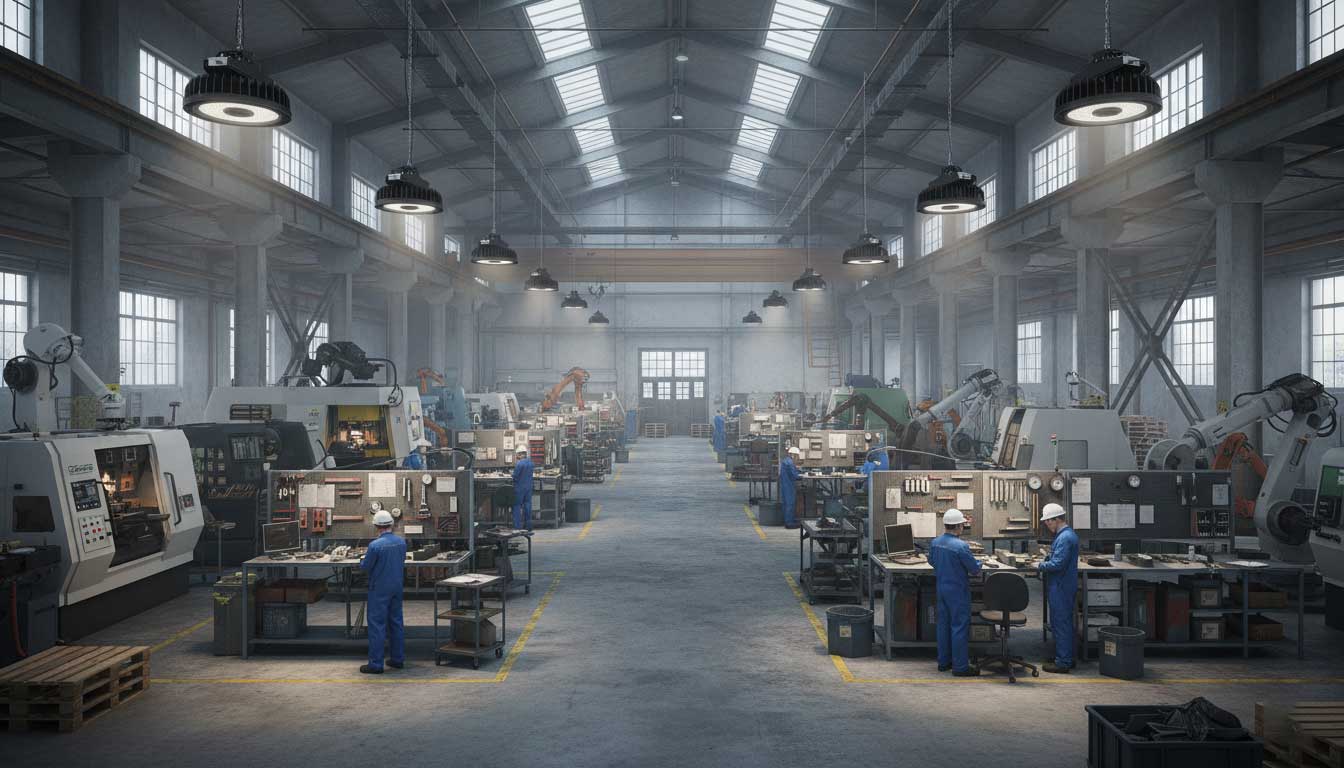 SEEKING HBK Series high bay LED lights installed in an industrial production hall