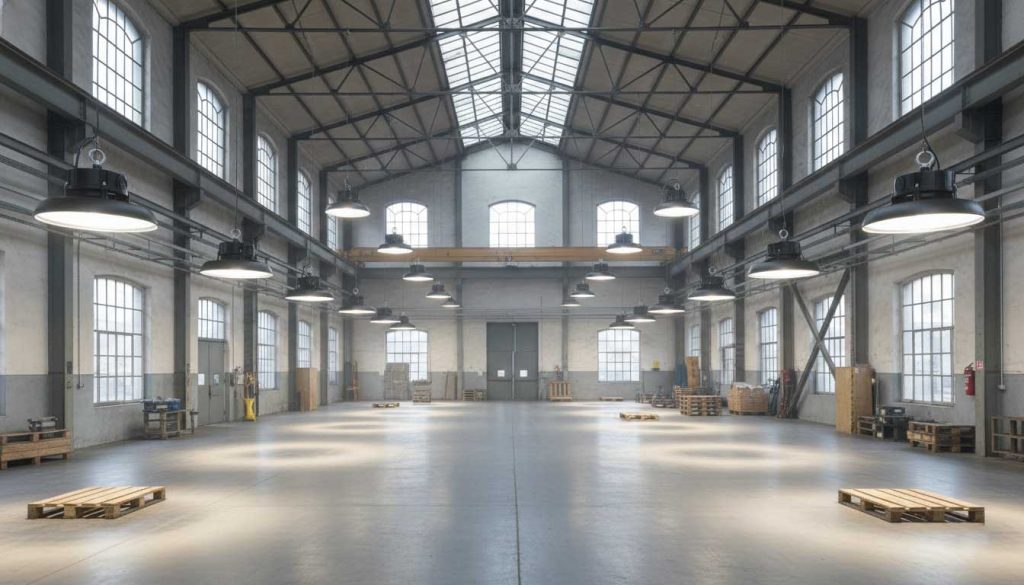 Industrial LED high bay lighting covering a large industrial hall