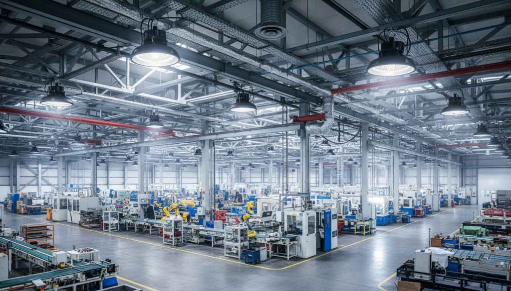 High bay LED lighting layout inside a factory