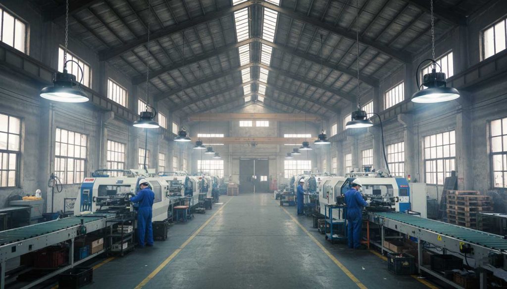 LED high bay lighting layout in a factory environment