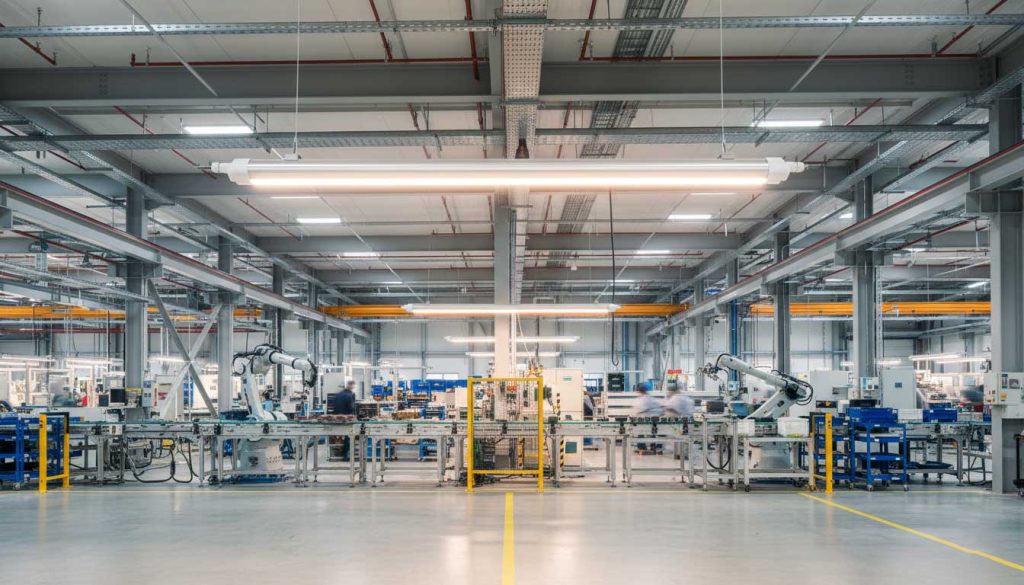 LED lighting working principle shown in a factory environment