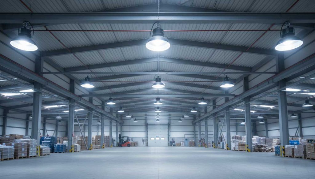 Dimmable LED high bay lights installed in a warehouse