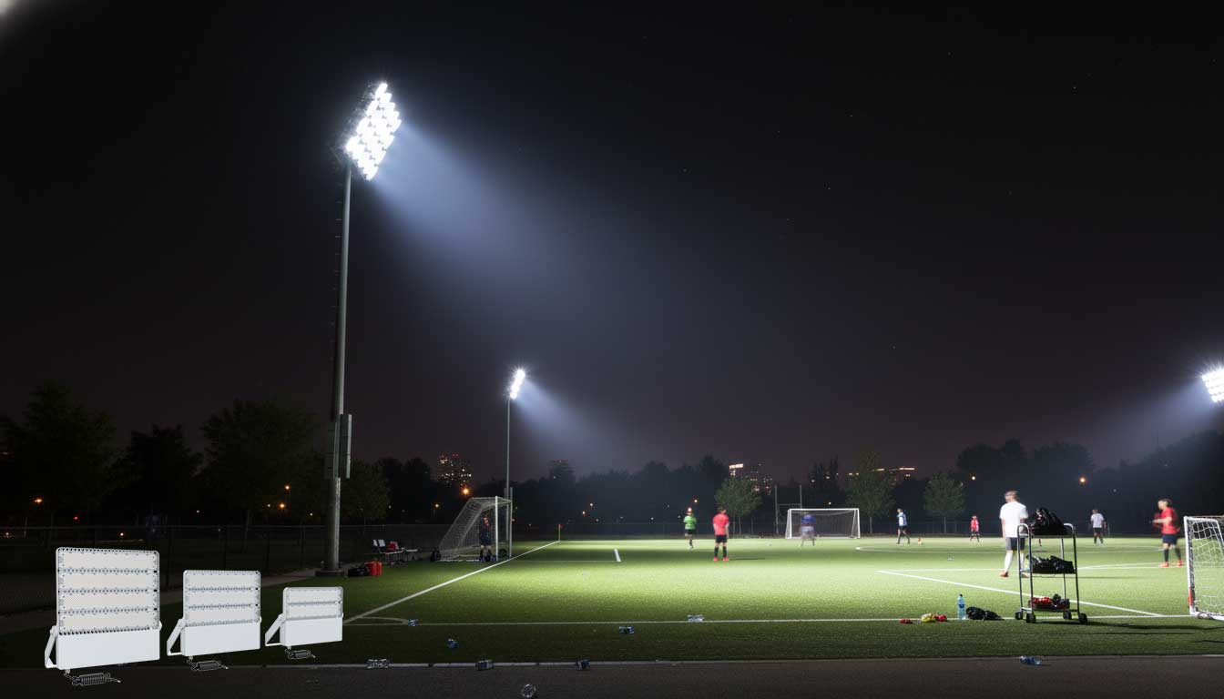 SEEKINGLED FLD Series LED flood light installed on a sports field at night