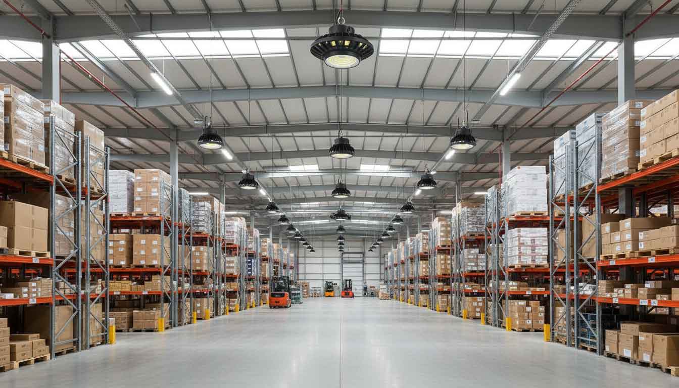 LED high bay light fixtures installed in a large warehouse by SEEKINGLED