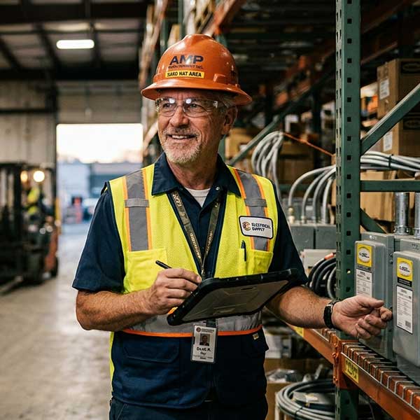 Procurement manager in warehouse environment reviewing lighting system