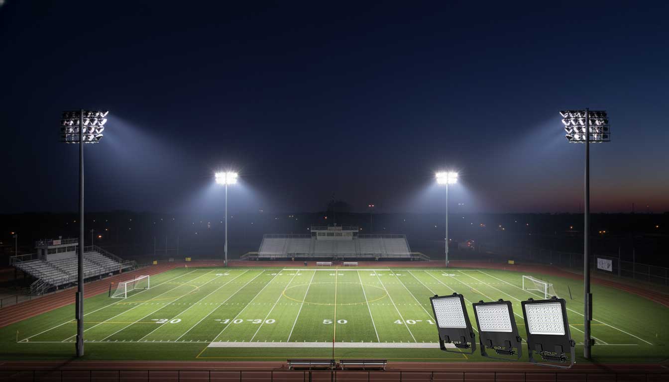 SEEKINGLED LED flood light installed on a sports court at night