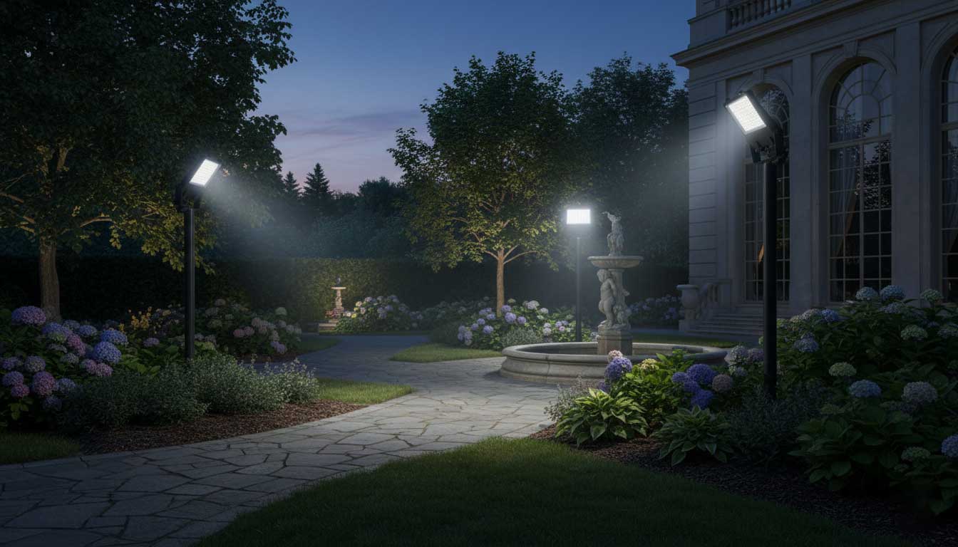 High power outdoor LED flood light installed near garden plants at night
