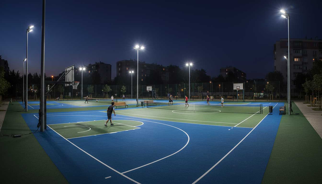220 outdoor led flood light installed at a community sports court