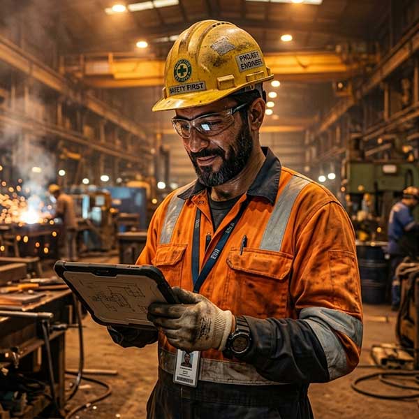 Engineer inspecting lighting system in steel plant