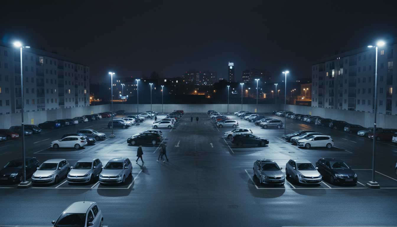 outdoor led flood lights used in a public parking area