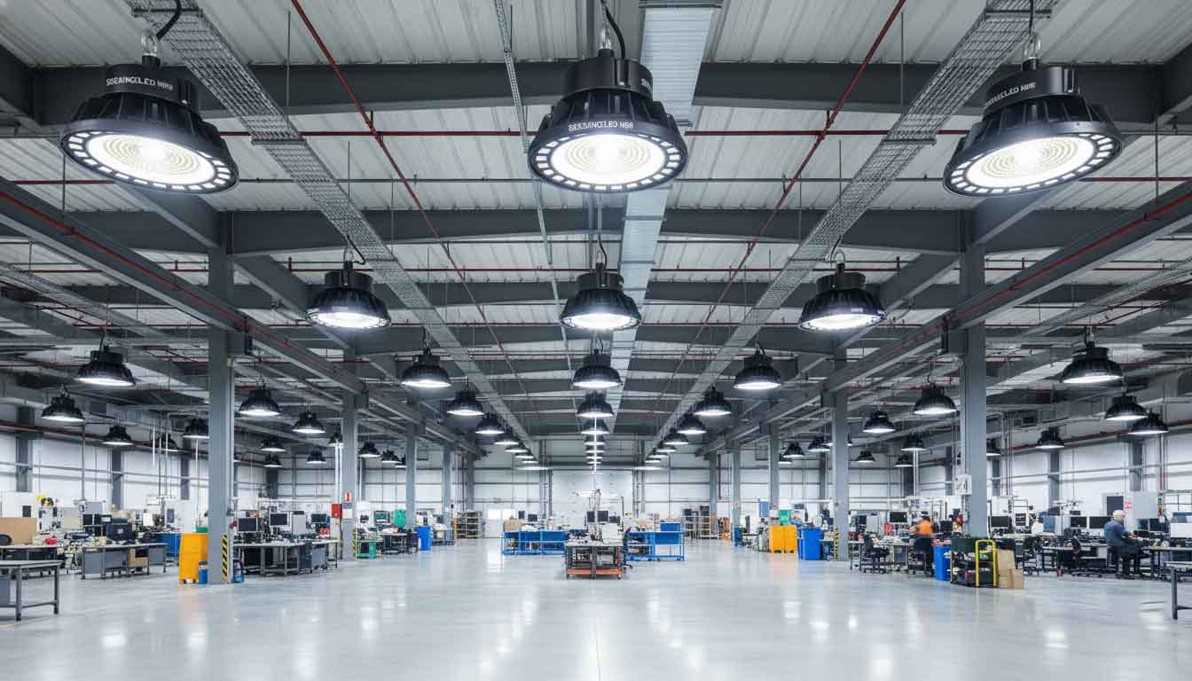 Industrial led high bay light fixtures above a factory production line