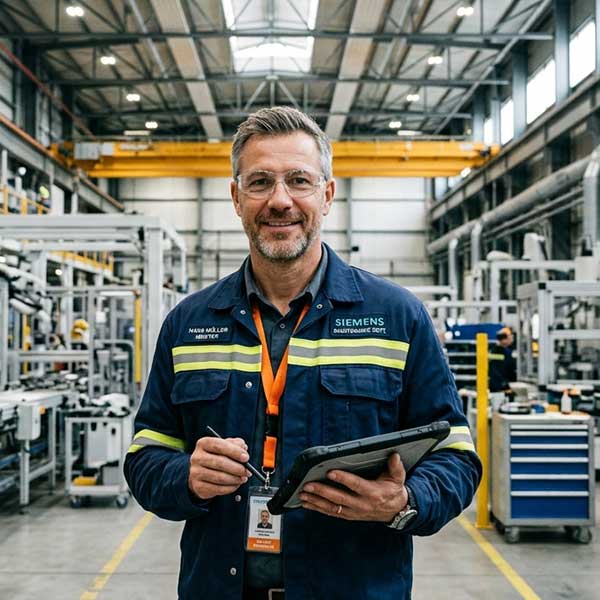 Maintenance supervisor evaluating factory lighting system