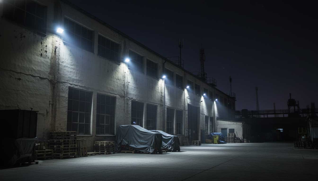 ip66 outdoor led flood light installed in an industrial yard