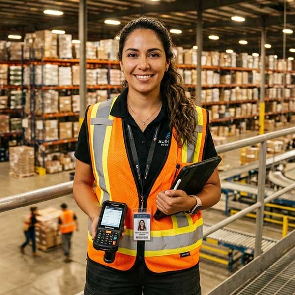 Logistics manager in warehouse reviewing lighting installation