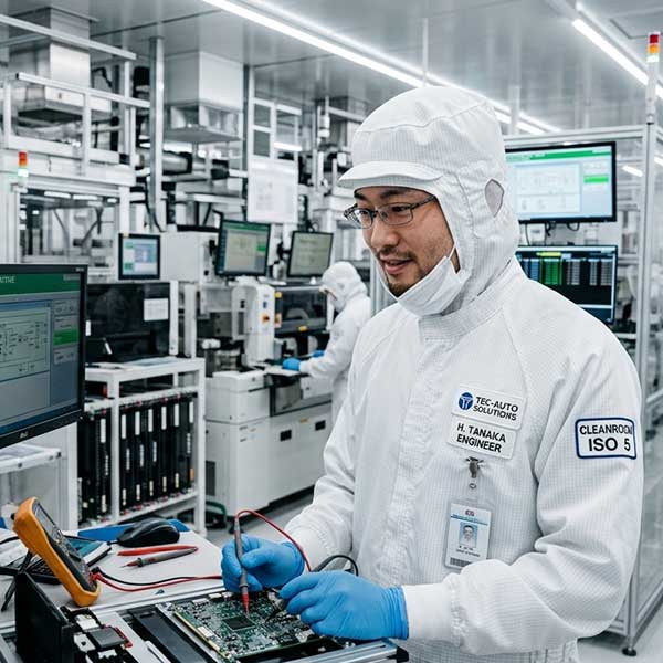 Engineer inspecting lighting in electronics manufacturing plant