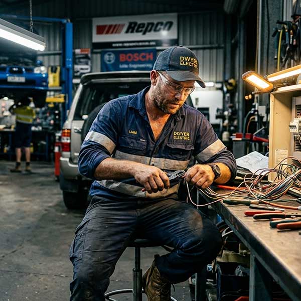 Contractor installing lighting in automotive workshop