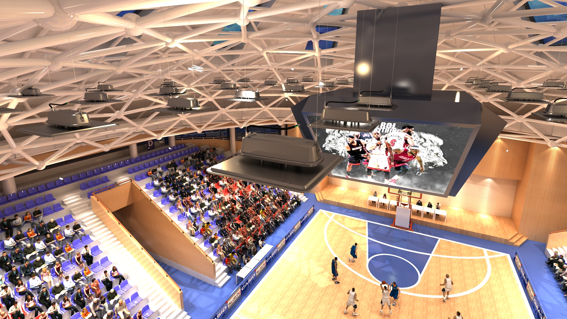 LED high bay lights installed in indoor sports venue