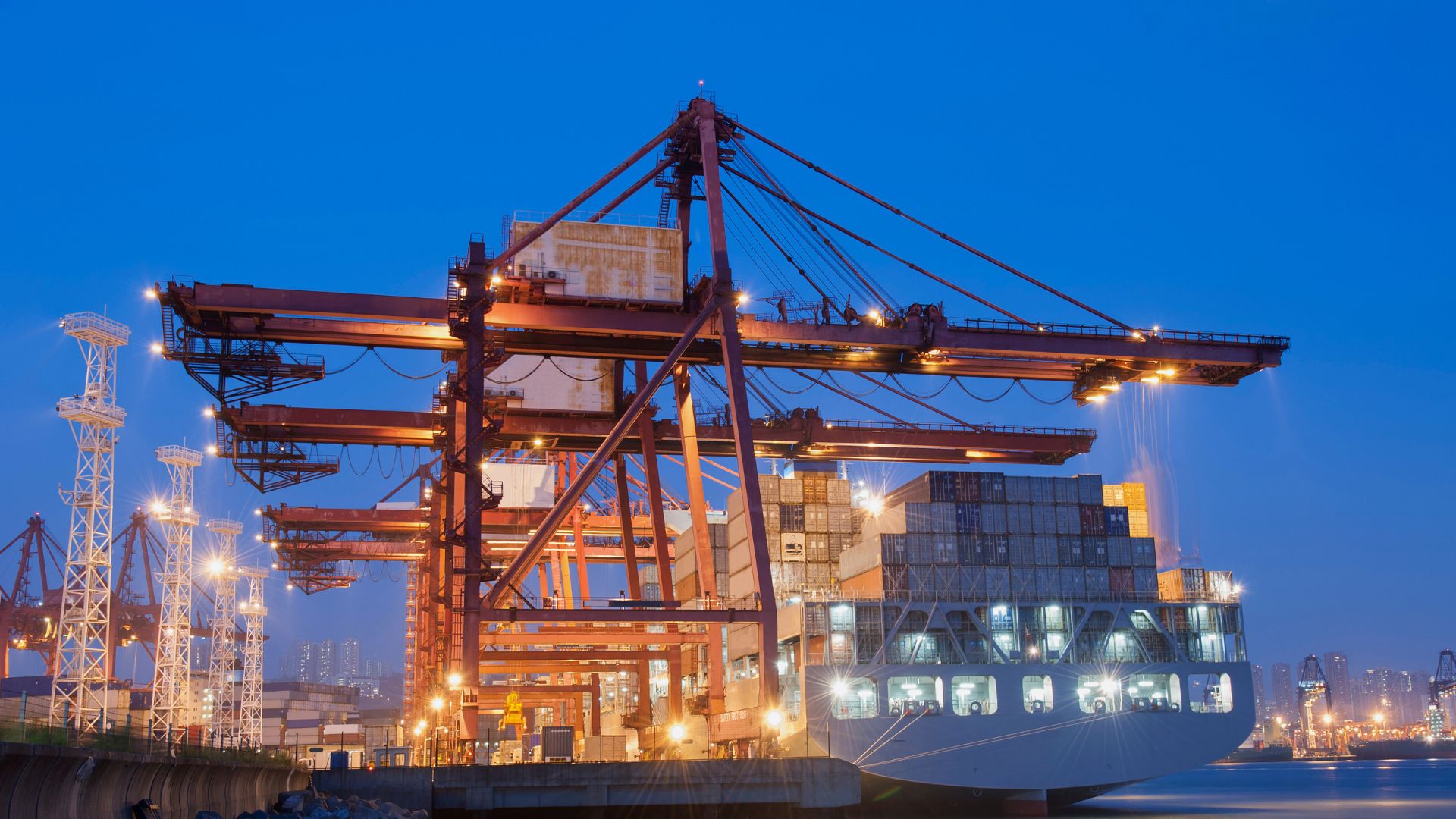 Port terminal illuminated at night with LED lights