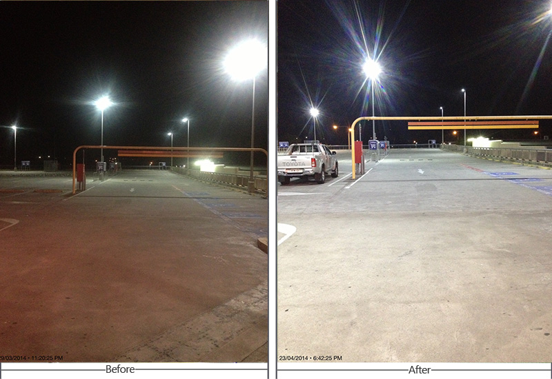 XJ-FL100W Flood Lights installed in parking lot