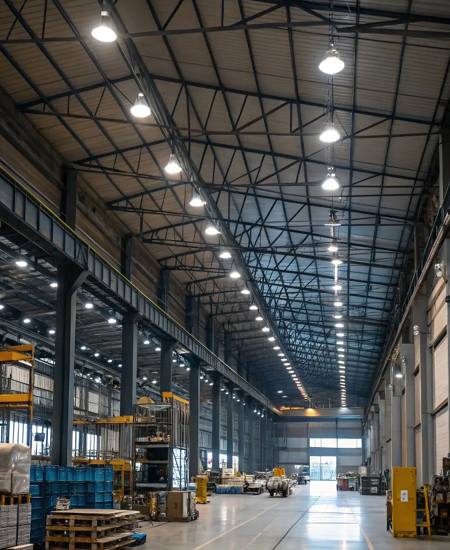 LED high bay lights installed in a large warehouse with high racks and bright uniform lighting across the facility