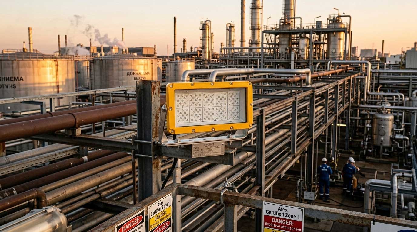 explosion proof led light fixture mounted on steel pipe rack in Zone 1 refinery