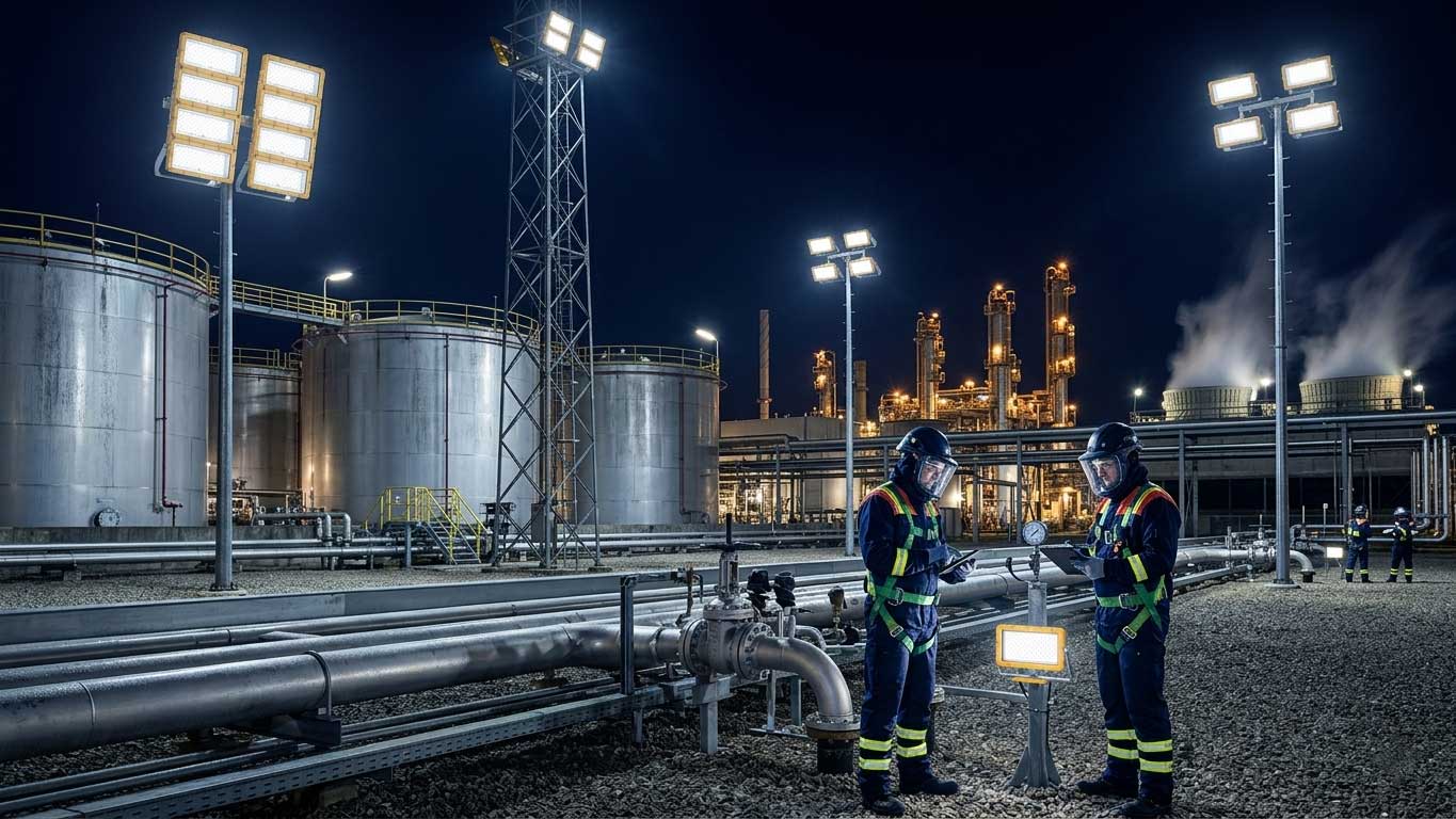 atex led flood light illuminating refinery tank farm