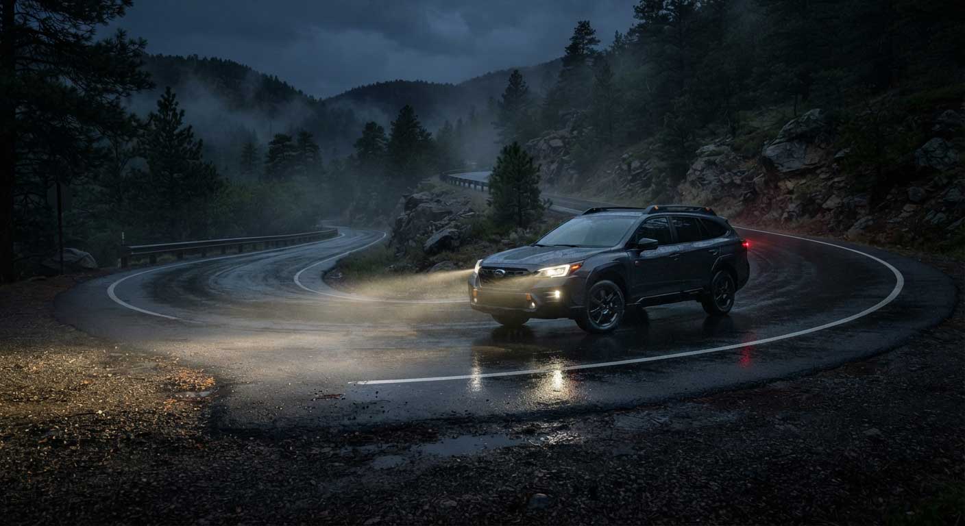 are fog lights flood or spot? 2 Wide Low Fog Light Beam on a Curved Road