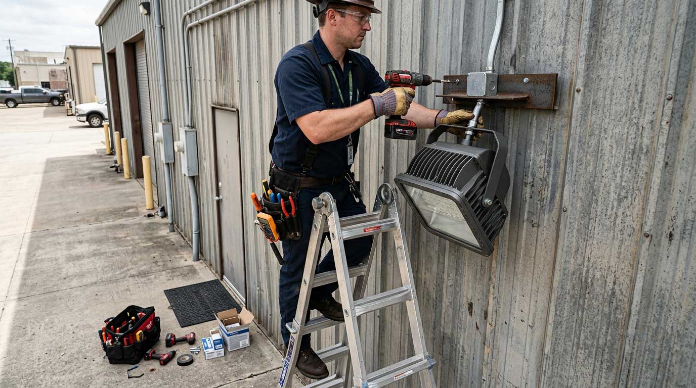 Do Flood Lights Stay On All Night? 2 Electrician Installing an Outdoor LED Floodlight