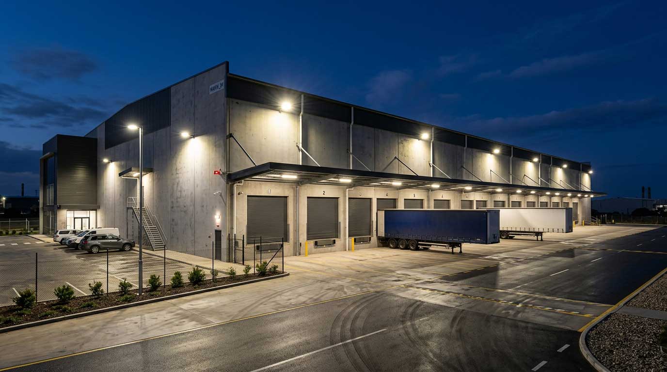 Do Flood Lights Stay On All Night? 1 LED Floodlights Illuminating a Commercial Building at Night